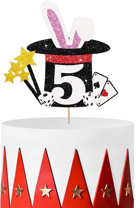 Magic Show 5th Birthday Cake Topper Black Glitter Magician