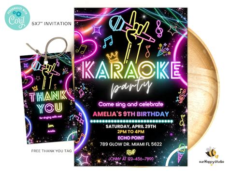 Editable Karaoke Party Birthday Invitation Glow Karaoke Birthday Party Neon Singing Music Party