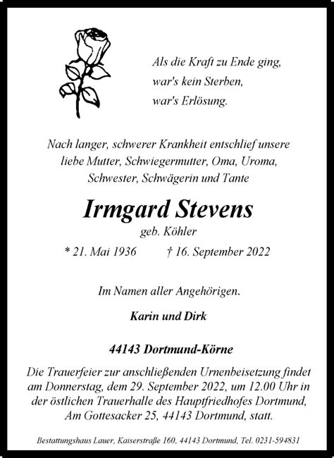 Traueranzeigen Von Irmgard Stevens Sich Erinnern De