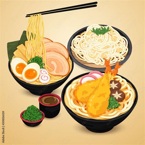 Japanese Noodles Ramen Udon And Soba Illustration Vector Stock