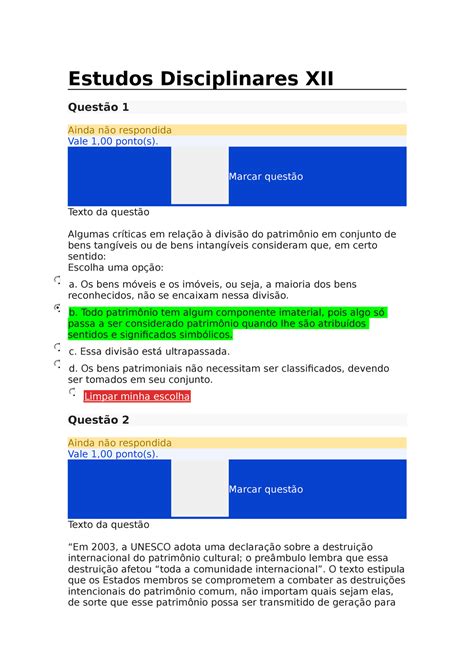 Estudos Disciplinares Xii Estudos Disciplinares Xii Quest O Ainda