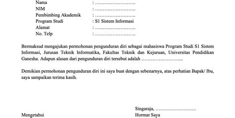 Formulir Permohonan Pengunduran Diri Mahasiswa Prodi Sistem Informasi