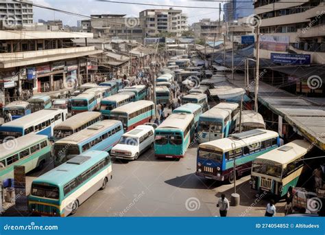 Bus Depot in a Bustling City, with Lines of Buses and People Coming and ...