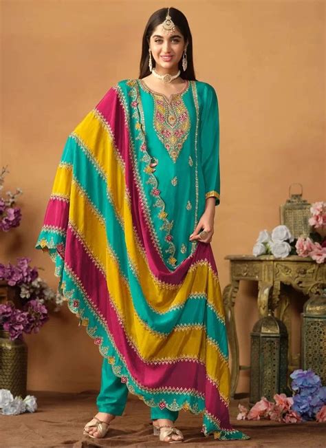 Turquoise Chinon Silk Embroidered Pakistani Suit Semi Stitched At Rs