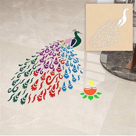 Peacock Diya Rangoli Stencils Diy Wooden Stencils With Colors