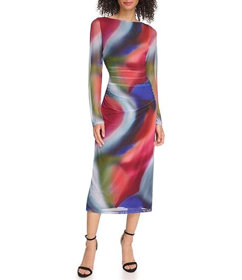 Vince Camuto Watercolor Swirl Abstract Print Long Sleeve Boat Neck Mesh