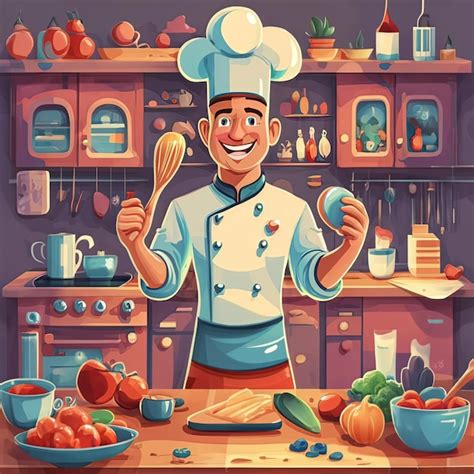 Una Caricatura De Un Chef Cocinando En Una Cocina Con Una Cara Feliz