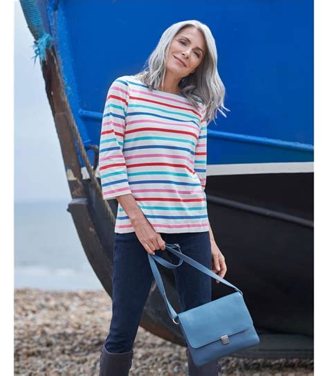 Bright Multi Stripe Organic Cotton Boat Neck 3 4 Sleeve Top