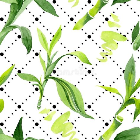 Bamboo Green Leaves Watercolor Background Illustration Set Seamless