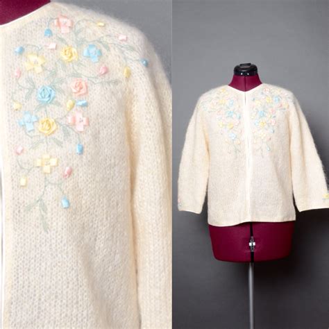 60s Mohair Sweater 1960s Knit Cardigan Floral Rose Vintage