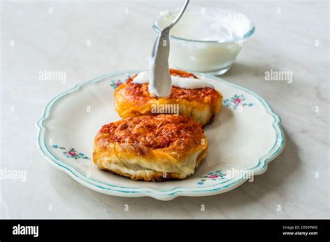 Turkish Traditional Food Borek Manti With Minced Meat Tomato Paste And