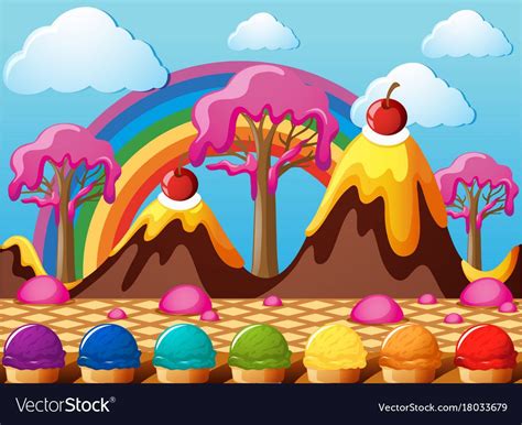 Candy Land With Chocolate Mountains And Icecream Field Illustration