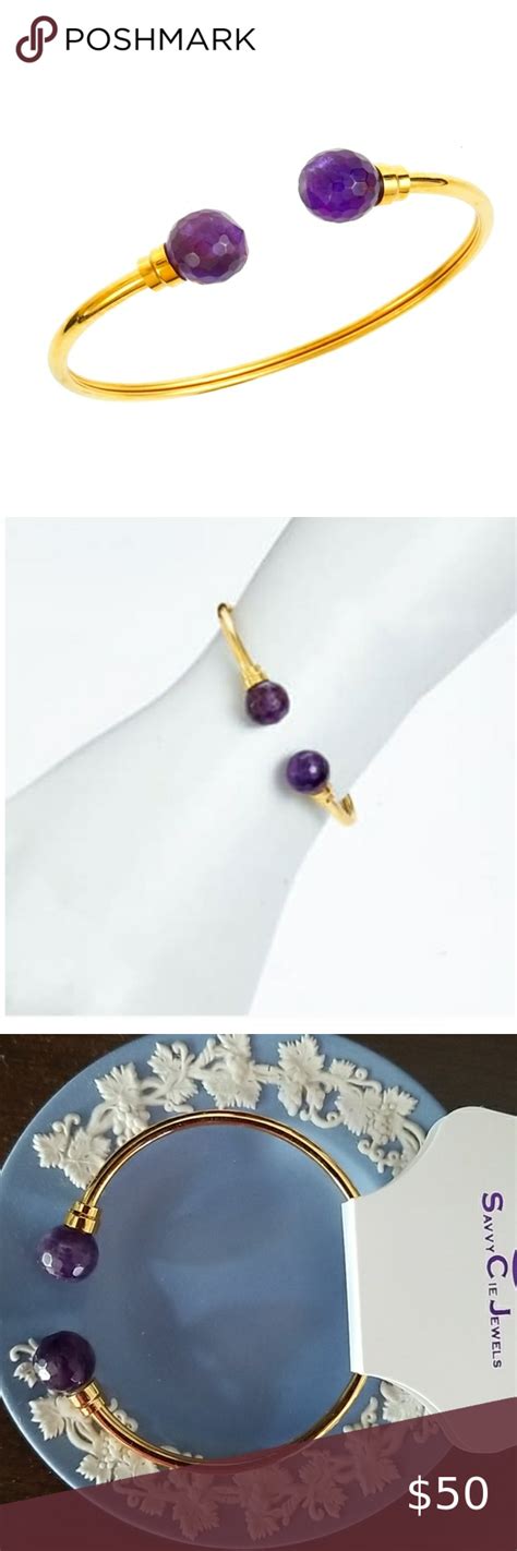 Savvy Cie 18k Gold Plated Sterling Silver Amethyst Faceted Cuff