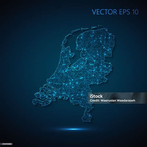 네덜란드지도는 다각형 와이어 프레임 메쉬와 진한 파란색 배경에 연결된 선으로 별이 빛나는 하늘 형태의 선과 밝은 점으로 만들어