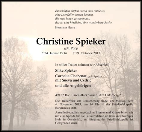 Traueranzeigen Von Christine Spieker Noz Trauerportal