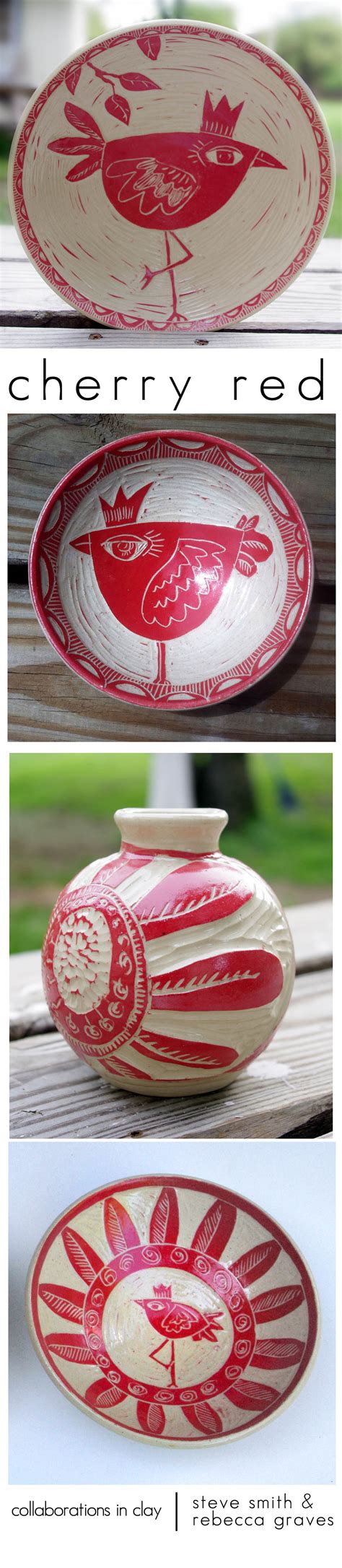 Red And White Plates Sitting On Top Of A Wooden Table Next To Another