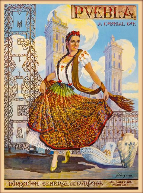 Pvebla Juarez Mexico Mexican Senorita Vintage Travel Advertisement Art