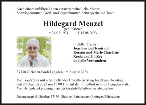 Traueranzeigen Von Hildegard Menzel Trauer Anzeigen De