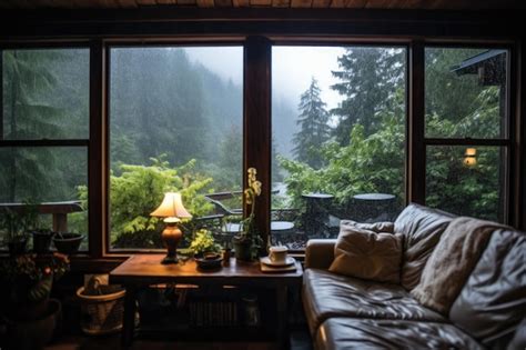 Premium Ai Image Rainy Window View From Inside A Cozy Cabin Retreat