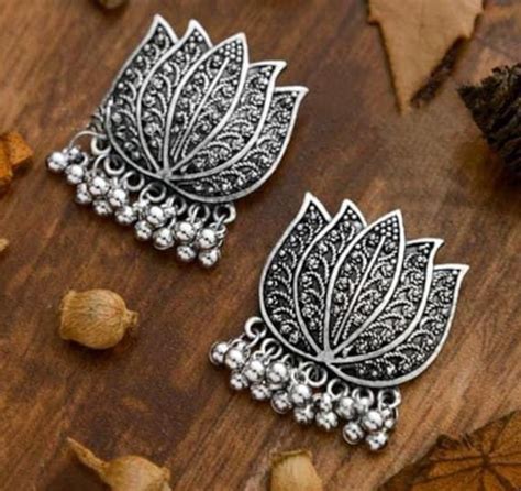 Lotus Tinny Stud Earrings Oxidized Silver Jewelry Indian Bollywood