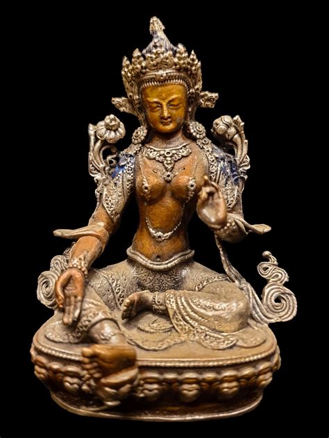 Buddhist Miniature Statue Of Green Tara Silver And Chocolate Oxidized