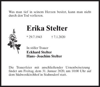 Traueranzeigen Von Erika Stelter Trauer Anzeigen De