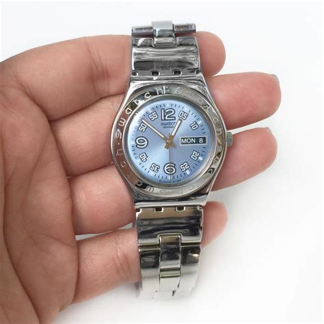 Sold Price Swatch Irony Stainless Steel Day Date Blue Dial Watch