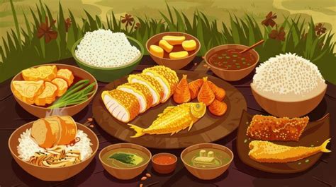 A Traditional Filipino Feast With Rice Fish And Side Dishes Premium