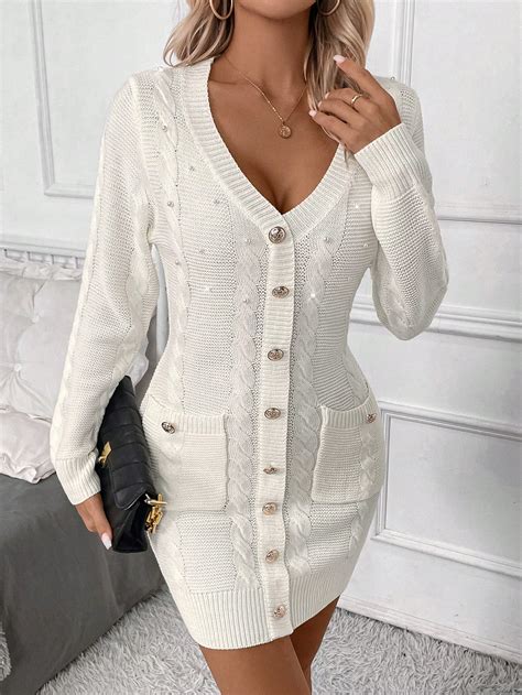 Cable Knit Button Front Sweater Dress Shein Usa