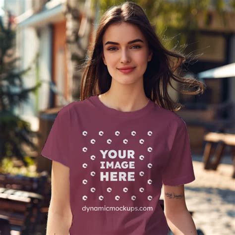 Woman Wearing Maroon T Shirt Mockup Front View Template
