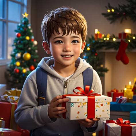 Vector Cute Boy Est Feliz Con El Regalo De Navidad Vector Premium