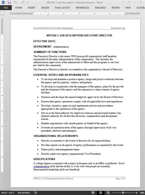 Executive Director Job Description Template Word