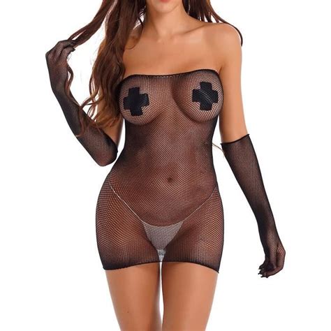 Nuisette Femme Sexy Mini Robe Transparente Lingerie Fishnet Body