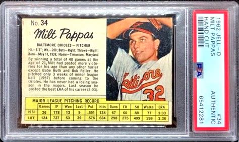 1962 Jell O Jello Card 34 Milt Pappas Baltimore Orioles PSA Auth EBay