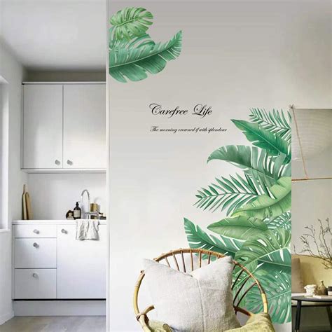 Decalmile Giant Green Leaves Wall Decals Palm Tree Leaf Plants Wall