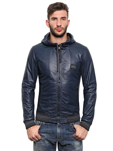 Lyst Dolce Gabbana Soft Nappa Leather Hooded Jacket In Blue For Men