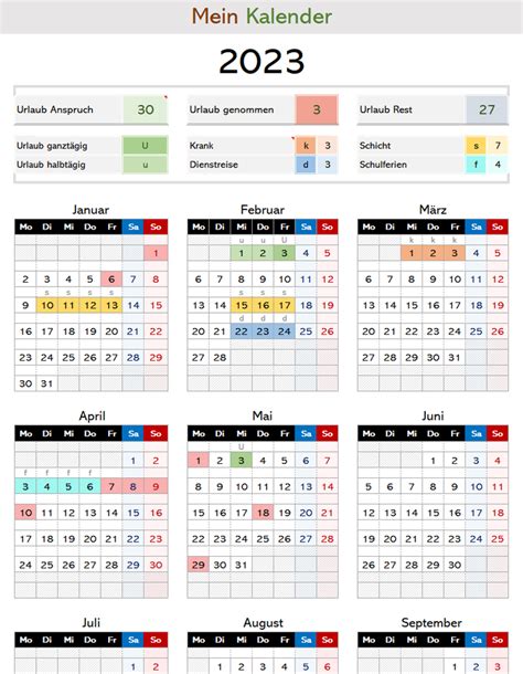 Excel Abwesenheitsplaner 2023 Mit Resturlaub Und Feiertagen Office