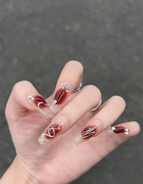 Cherry Red Gold Chrome Aura Nails Y K Chrome Ombre Press On Etsy