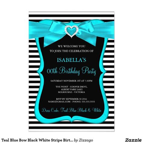 Teal Blue Bow Black White Stripe Birthday Party Invitation Zazzle