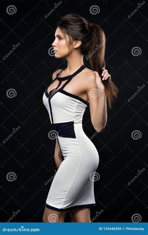 And Stylish Brunette Woman In Dress Posing At Studio Stock Photo Image Of Confident Female