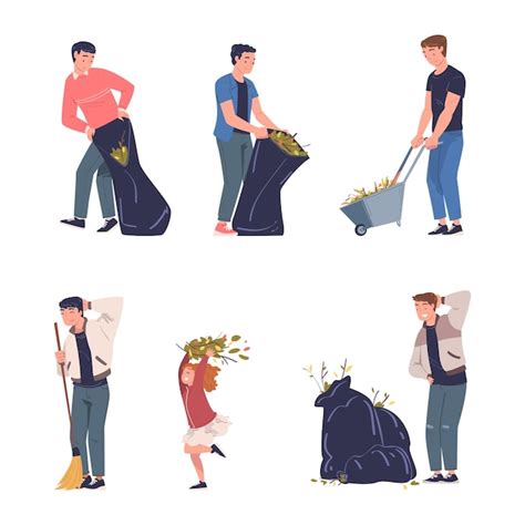 Personas Voluntarias Limpiando Recogiendo Basura Y Follaje En Bolsas