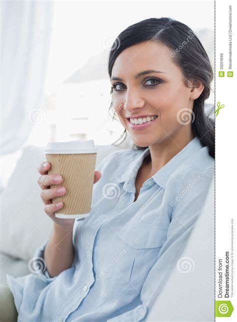 Cheerful Seductive Brunette Holding Coffee Mug Stock Photo Image Of