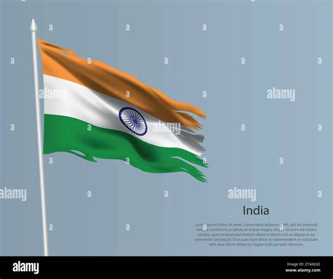 Ragged National Flag Of India Wavy Torn Fabric On Blue Background