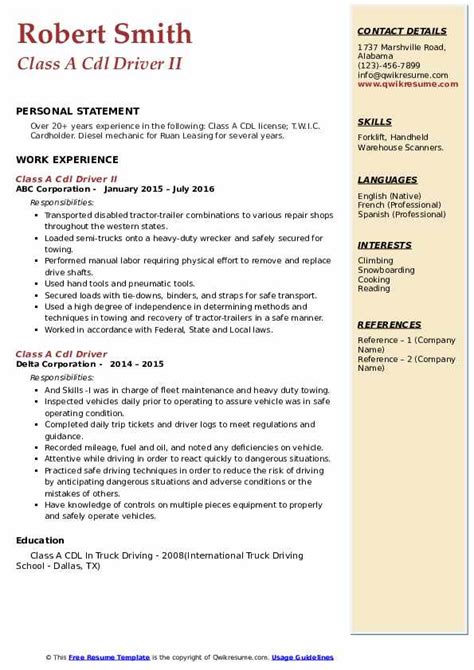 Class A Cdl Driver Resume Samples Qwikresume