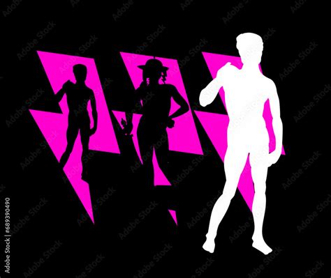 T Shirt Design Of Three Violet Thunderbolt Symbols With Silhouettes Of Naked Men Statues Of