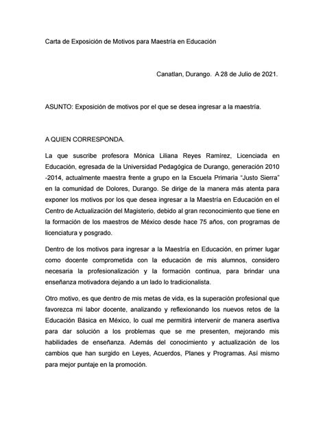 Ejemplo De Carta De Exposicion De Motivos Para Movilidad Estudiantil