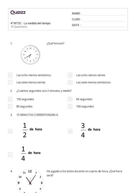 50 Tiempo A Cuarto De Hora Hojas De Trabajo Para Grado 4 En Quizizz Gratis E Imprimible