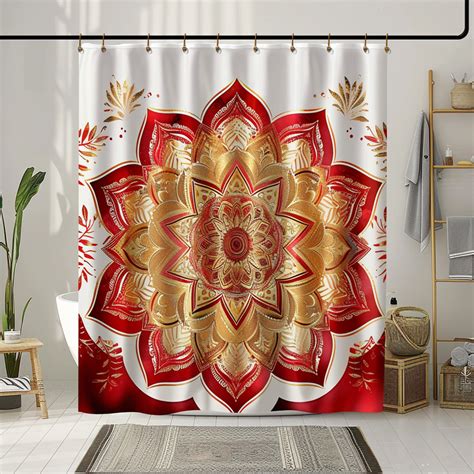 Red And Gold Boho Mandala Shower Curtain Vibrant Home Decor Accent With