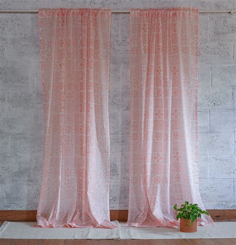 Buy Customizable Sheer Curtain Slub Cotton Tiles Print Blush Pink Thoppia