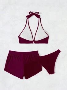 Shein Swim Conjunto De Bikini Unicolor Sujetador Halter Y Bottom De